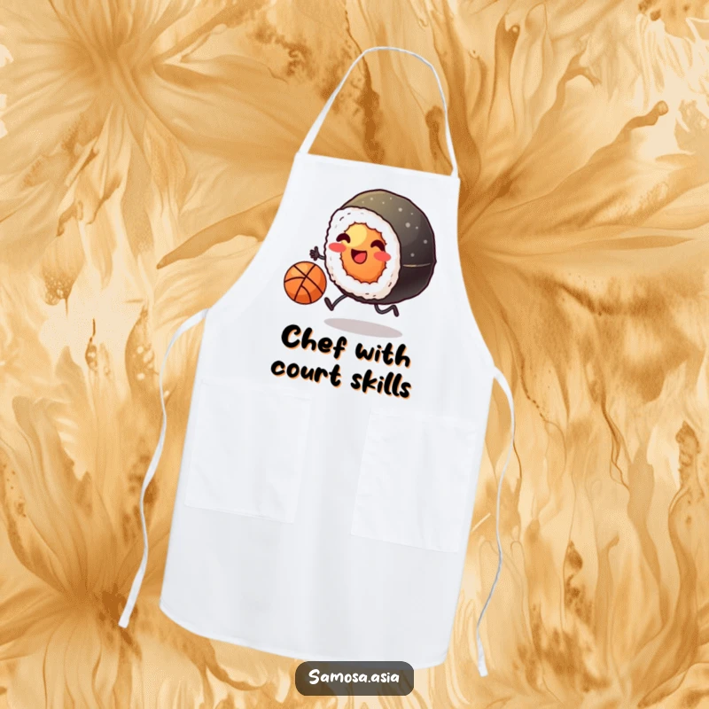 Funny apron with a smiling sushi roll on tiny legs kicking a basketball, perfect for a stylish and humorous cooking experience.