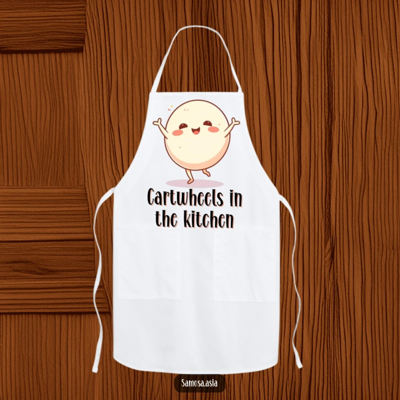 Funny apron featuring a cheerful mochi ball performing a cartwheel, adding a dose of fun to cooking and baking activities.