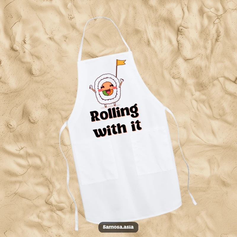 Funny Apron depicting a cheerful sushi roll character waving a flag, great for kitchen use with a fun and humorous food theme.