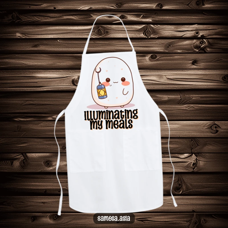 Funny apron: a blushing onigiri character shyly holding a lantern, adding a touch of gentle charm to kitchen tasks.