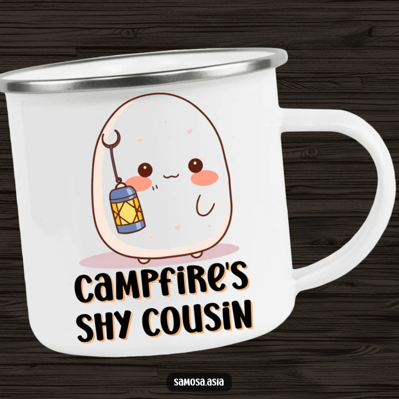 Funny camping mug: a shy onigiri character blushing and holding a lantern, perfect for enjoying drinks outdoors with a warm glow.