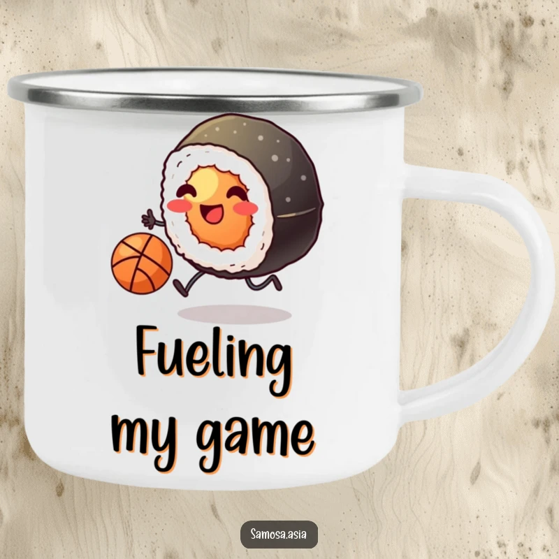 Funny camping mug with a smiling sushi roll on tiny legs kicking a basketball, perfect for outdoor fun and humorous enjoyment.