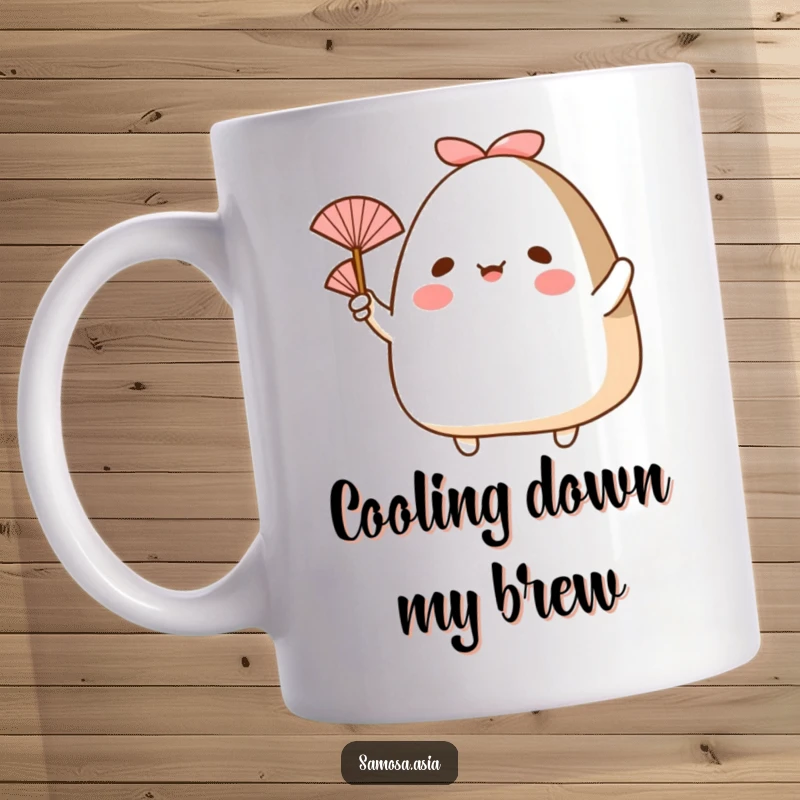 Funny mug of a happy onigiri with arms, cheerfully waving a small fan, perfect for staying cool and smiling.