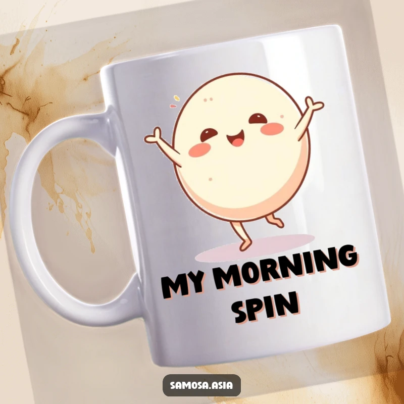 Funny mug of a cheerful mochi ball with arms doing a cartwheel, spreading joy and playful energy, perfect for food lovers.