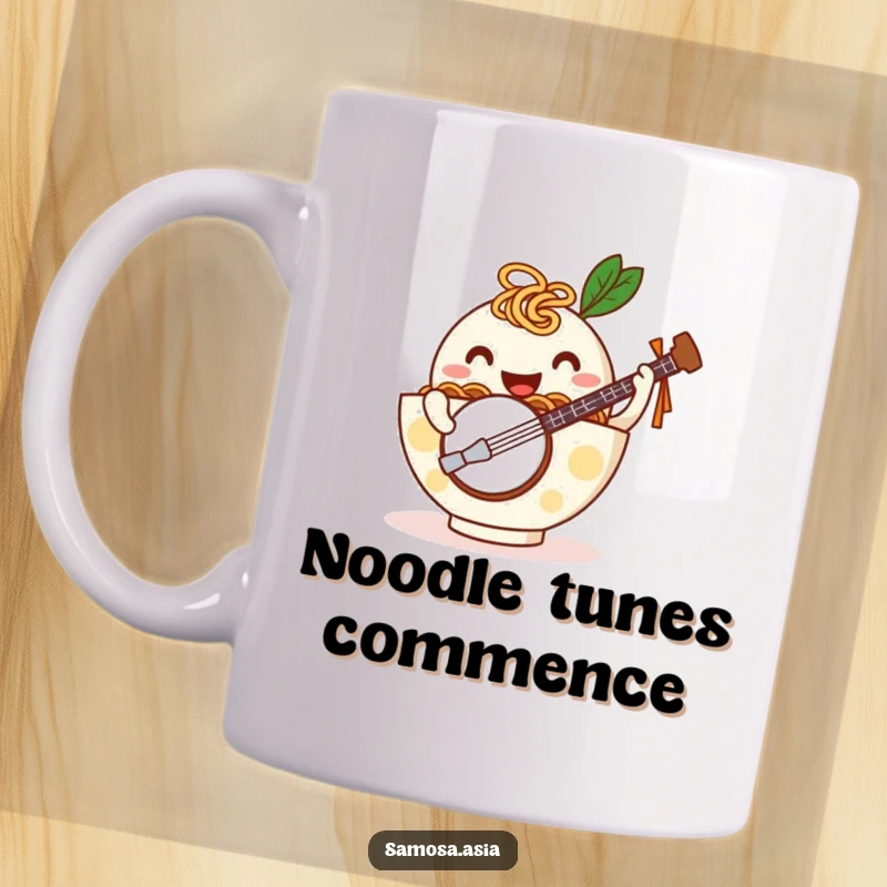 Funny mug depicting a happy ramen bowl with noodle arms playing a tiny banjo, embodying cheerful comfort and quirky fun.