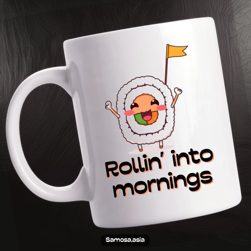 Funny Mug featuring a cheerful sushi roll character happily waving a tiny flag, bringing playful food humor to your day.