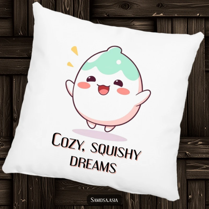 Funny Pillow featuring a wobbly mochi character bouncing with delight, offering cozy comfort and absolutely adorable sweet treat humor.
