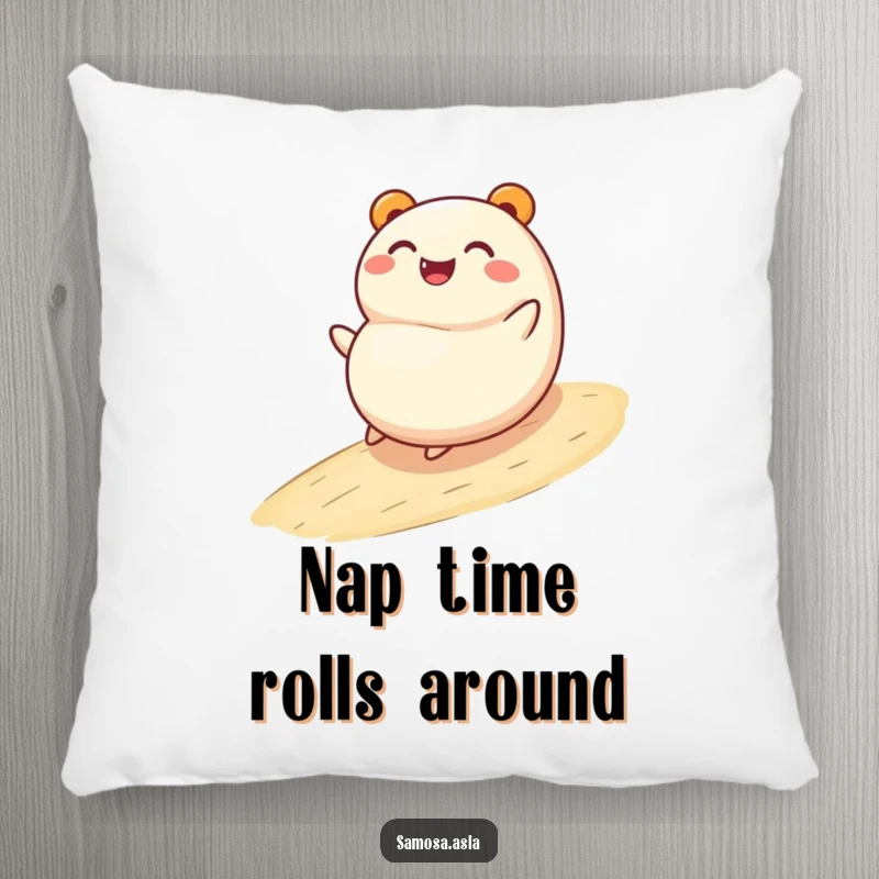 Funny pillow featuring a smiling bao bun character joyfully rolling down a gentle slope, designed for comfort and a touch of humor.