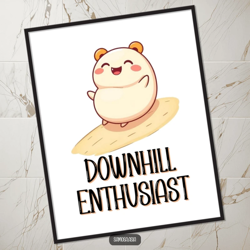 Funny digital art print of a smiling bao bun character joyfully rolling down a gentle slope, conveying pure happiness and playful energy.