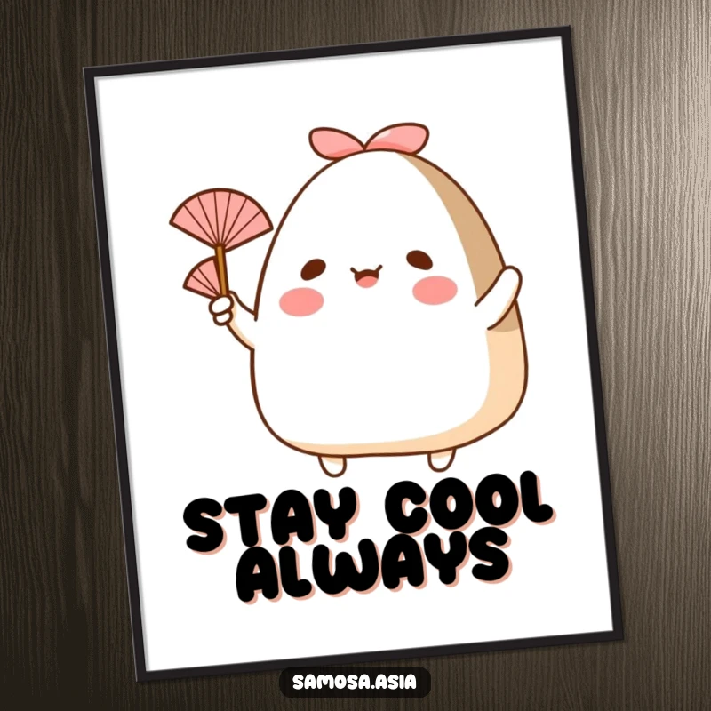 Funny digital art print of a happy onigiri with arms, waving a small fan, ideal for printable wall decor.