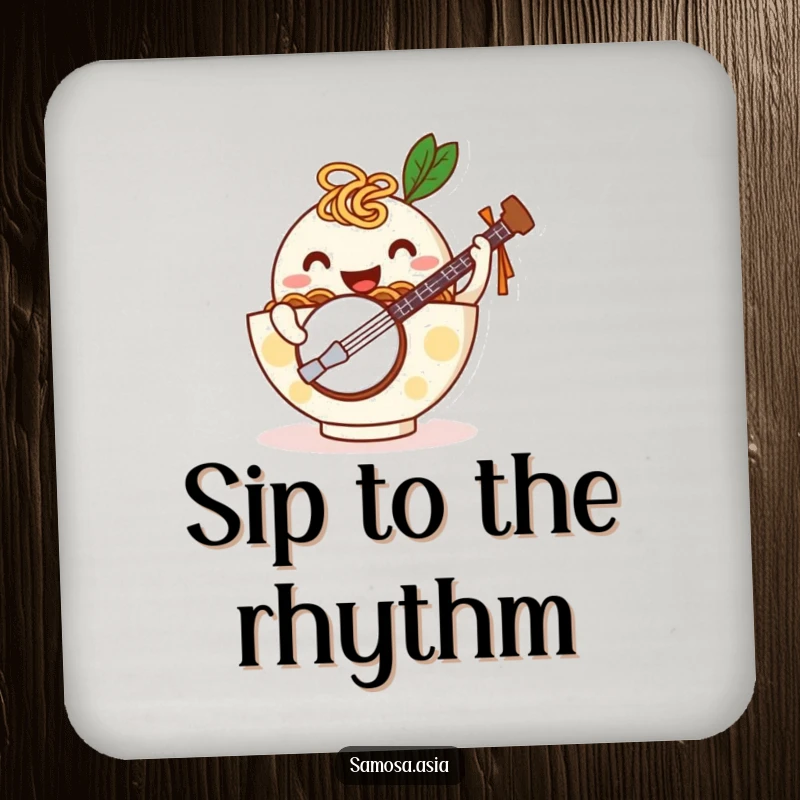Funny drink coaster with a happy ramen bowl on noodle arms playing a tiny banjo, offering humorous protection for surfaces.