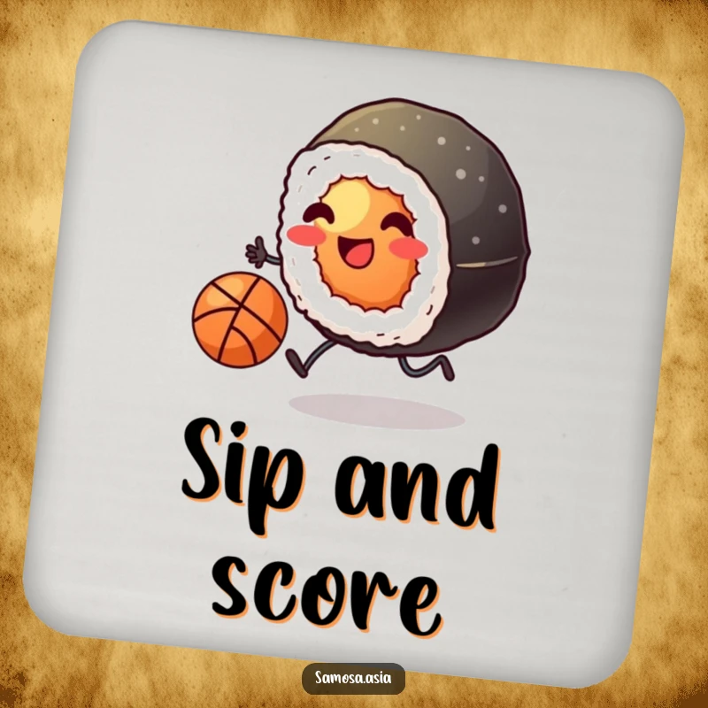 Funny drink coaster with a smiling sushi roll on tiny legs kicking a basketball, offering humorous protection for surfaces.