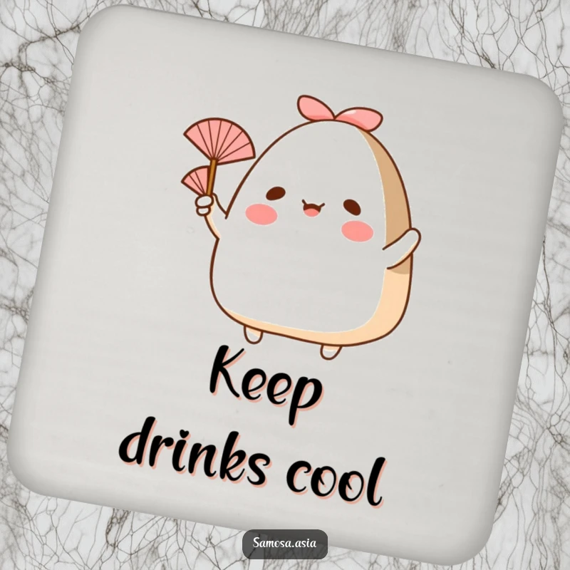 Funny drink coasters showcasing a happy onigiri with arms, waving a small fan, adding cool protection to surfaces.