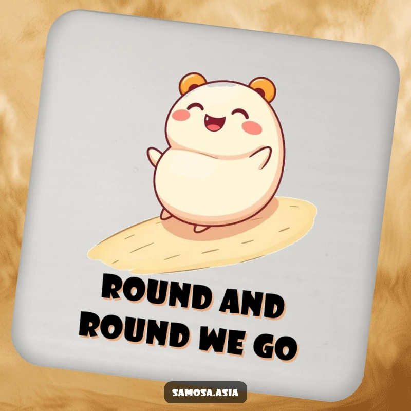 Funny drink coaster featuring a smiling bao bun character joyfully rolling down a gentle slope, protecting surfaces with a humorous touch.