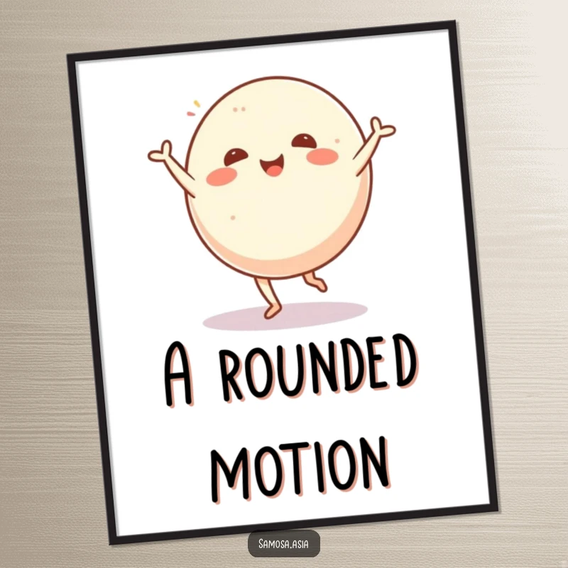 Funny poster of a cheerful mochi ball mid-cartwheel, showcasing its energetic and joyful spirit in a vibrant illustration.