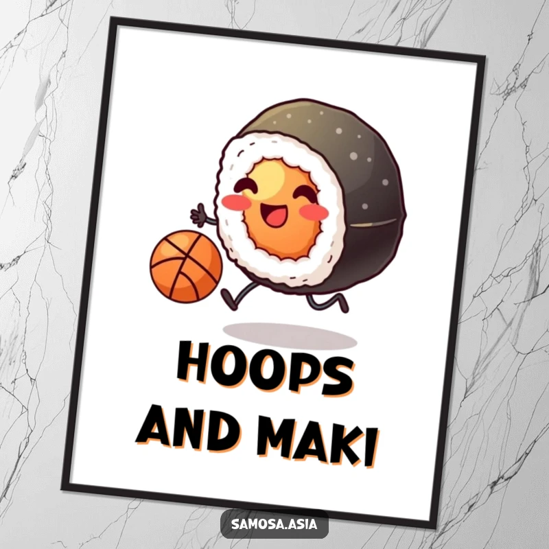Funny poster of a smiling sushi roll with tiny legs kicking a basketball, capturing a moment of hilarious sports action.