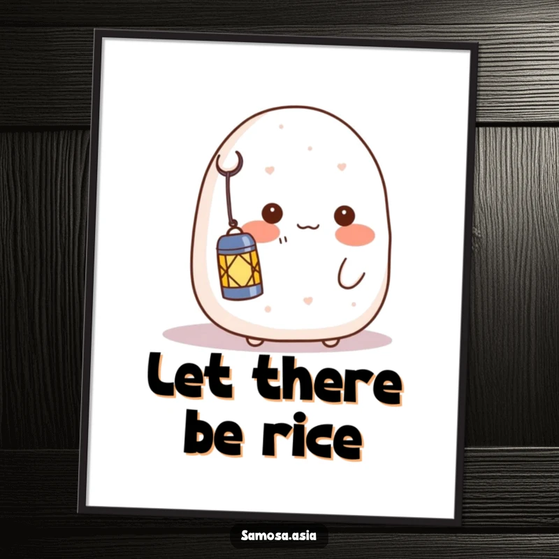 Funny poster: a blushing onigiri character shyly holding a lantern, radiating a soft light and embodying sweet, innocent charm.