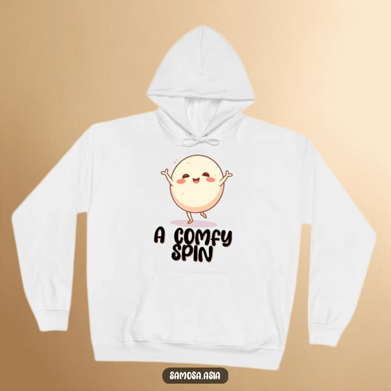 Funny hoodie depicting a cheerful mochi ball performing a dynamic cartwheel, radiating happiness and active energy. Cozy and fun.