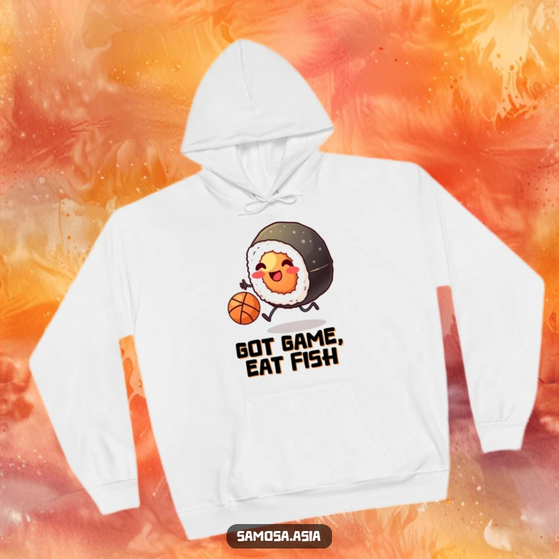 Funny hoodie featuring a smiling sushi roll with tiny legs kicking a basketball, offering cozy comfort and humorous athletic vibes.