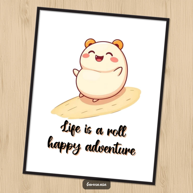 Funny Free Printable Wall Art: A smiling bao bun character joyfully rolling down a gentle slope