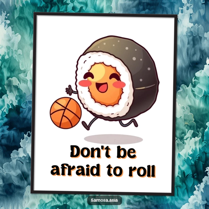 Funny Free Printable Wall Art featuring a smiling sushi roll with tiny legs in mid-kick, playing basketball. Whimsical and energetic.