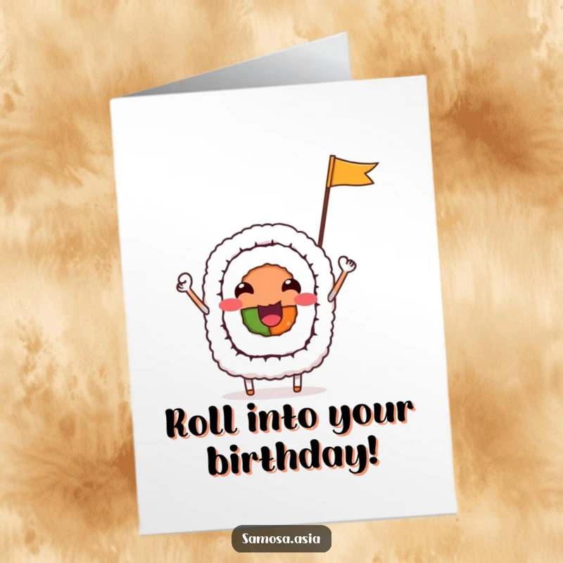 Hilarious Free Printable Birthday Card: A grinning sushi roll character energetically waving a small, festive flag.