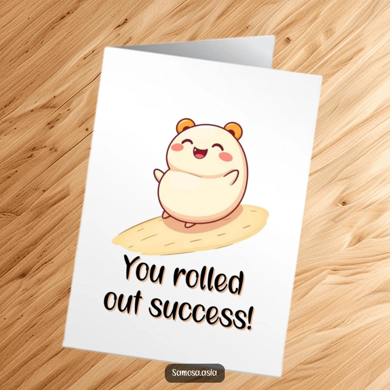 Funny Free Printable Congratulations Card: A smiling bao bun character rolling down a hill