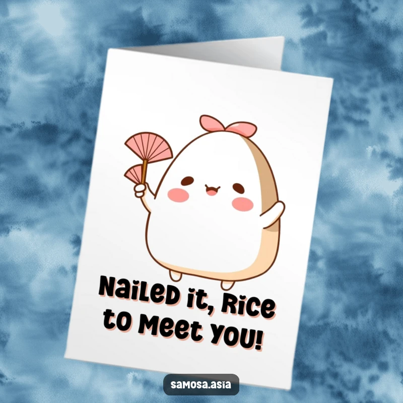 Funny Free Printable Congratulations Card: A happy onigiri with small arms enthusiastically waving a fan in celebration.