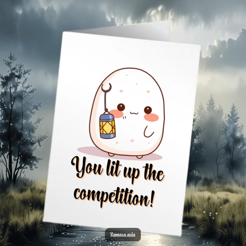 Funny Free Printable Congratulations Card: A blushing onigiri character holding a lantern