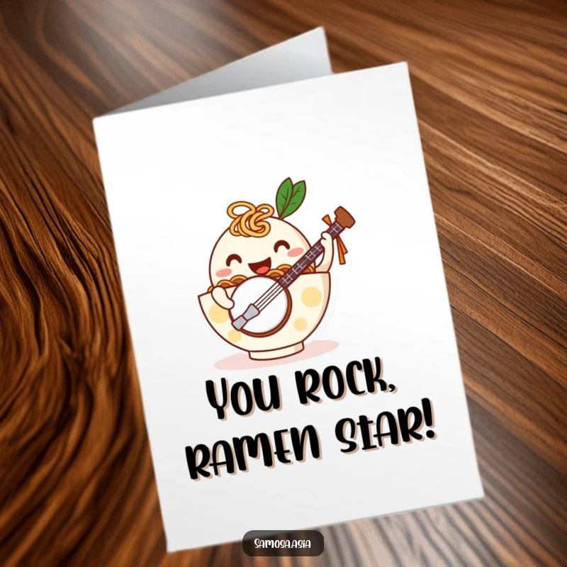 Funny Free Printable Congratulations Card: a happy ramen bowl strumming a banjo, celebrating a wonderful success.