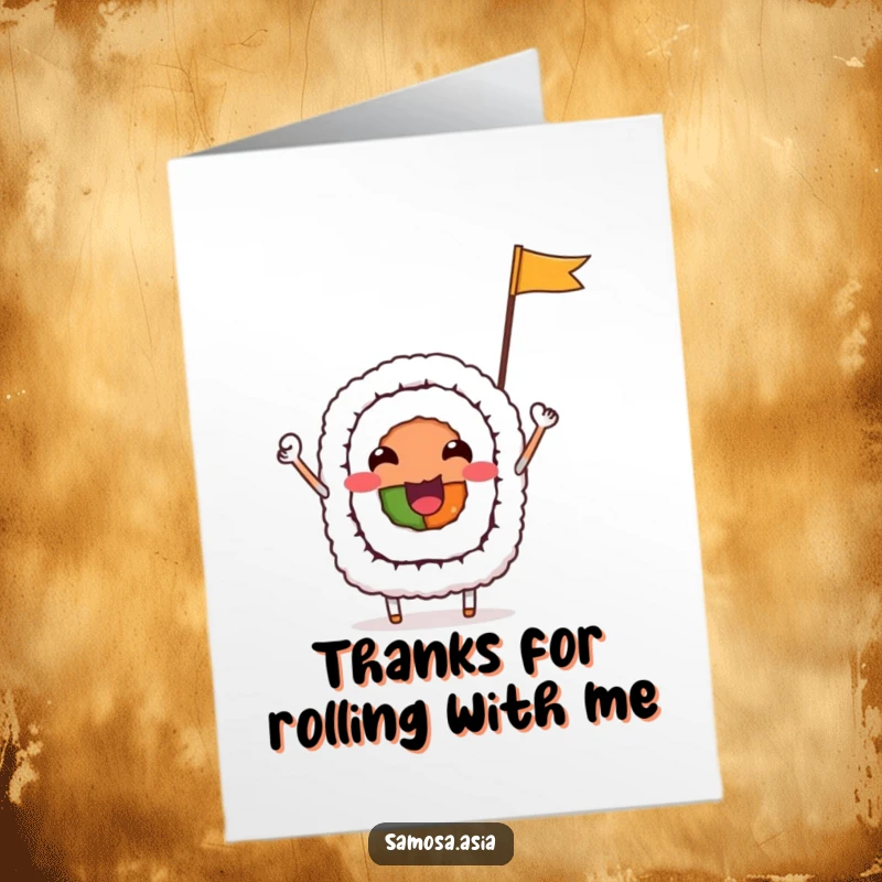 Cute Free Printable Thank You Card: A smiling sushi roll character waving a tiny flag with gratitude.