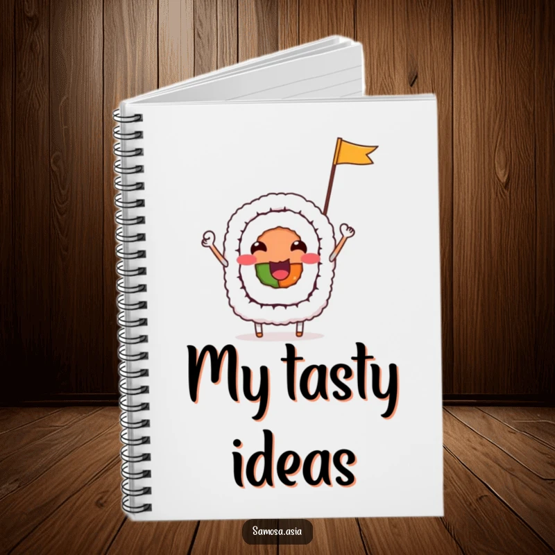 Funny Notebook featuring a cheerful sushi roll character waving a flag, ideal for writing and note-taking with a fun food theme.