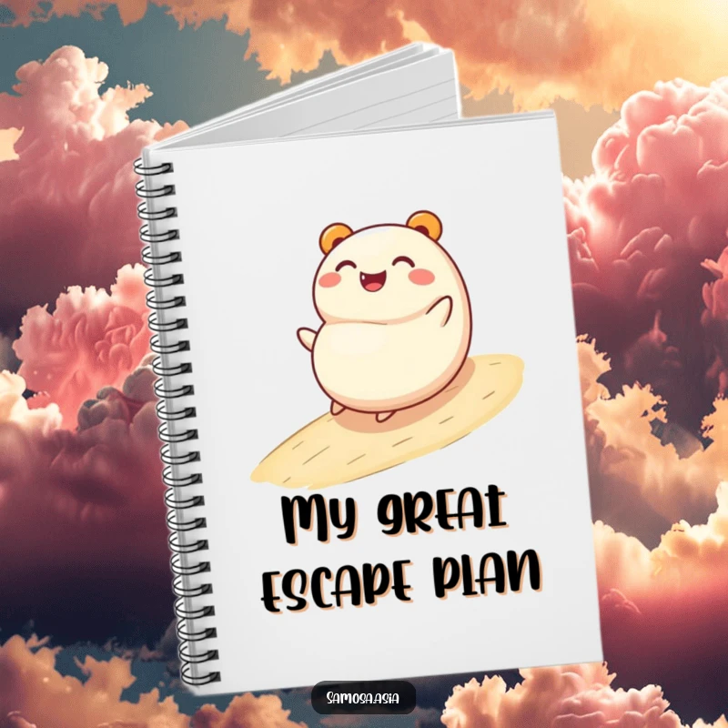 Funny notebook with a smiling bao bun character joyfully rolling down a gentle slope, ideal for jotting down notes with a smile.