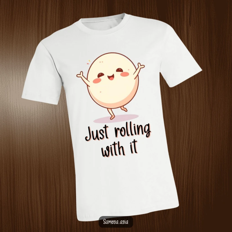 Funny t-shirt of a cheerful mochi ball doing a cartwheel, capturing a moment of pure active joy and playful spirit.