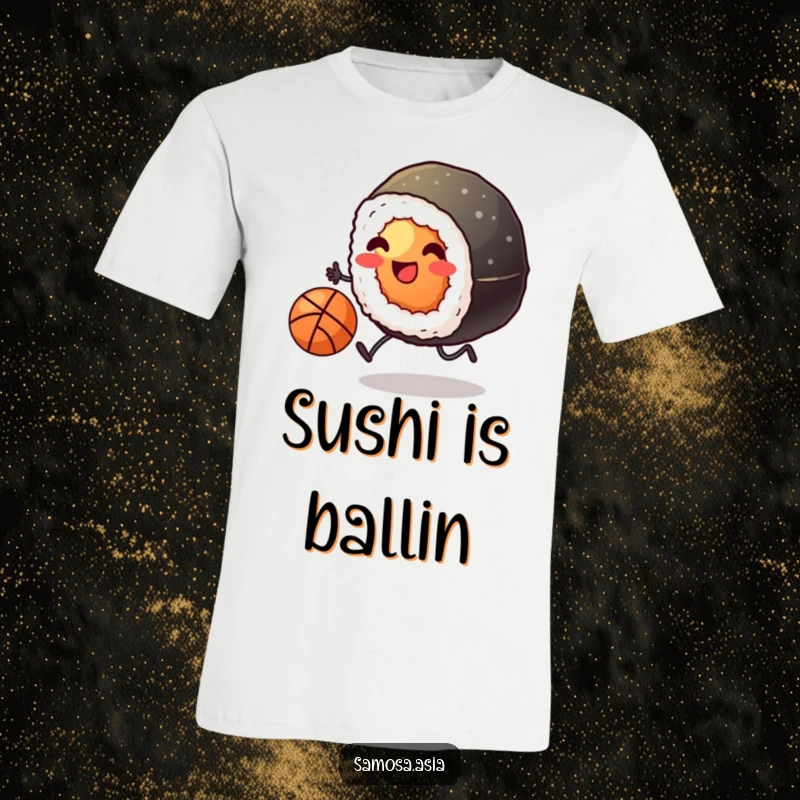 Funny t-shirt with a smiling sushi roll on tiny legs kicking a basketball, perfect for quirky athletes and food lovers.