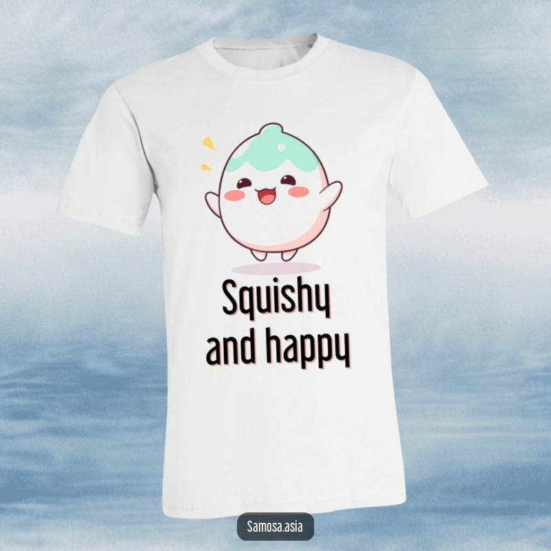 Funny T-Shirt with a wobbly mochi character bouncing with delight, perfect for spreading joy and humorous sweet treat vibes.