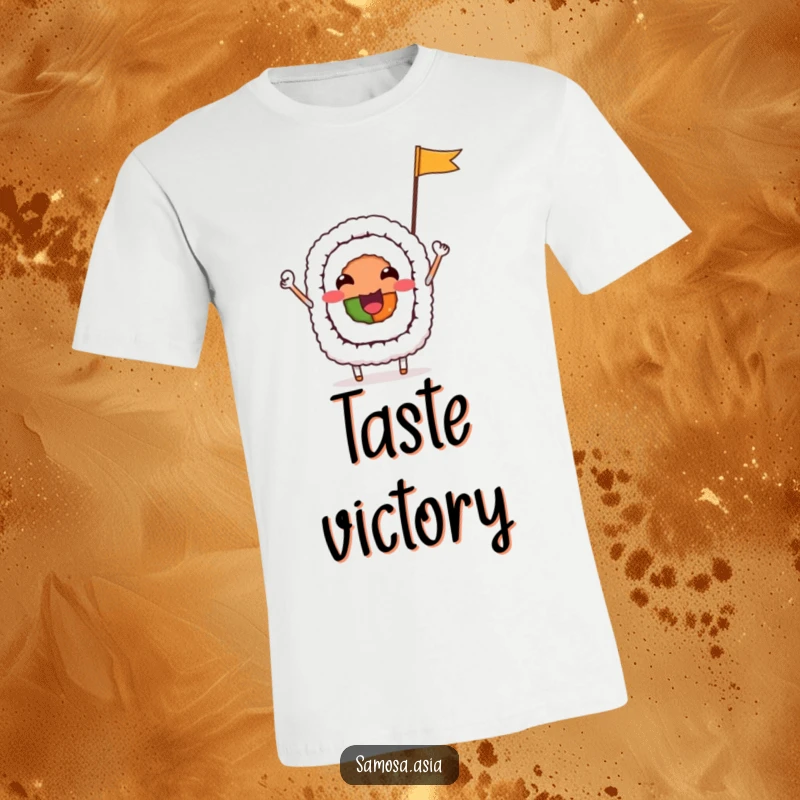 Funny T-Shirt with a cheerful sushi roll character joyfully waving a tiny flag, perfect for food lovers and adding a humorous touch.