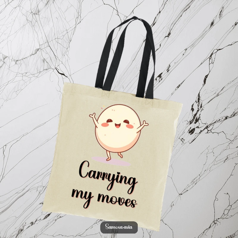 Funny tote bag showcasing a cheerful mochi ball doing an energetic cartwheel, perfect for carrying daily items with a smile.
