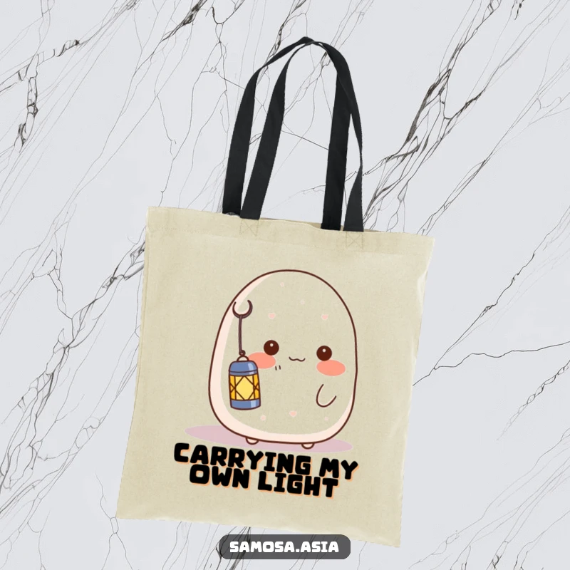 Funny tote bag: a shy onigiri character blushing and holding a lantern, perfect for carrying items with a gentle, warm glow.